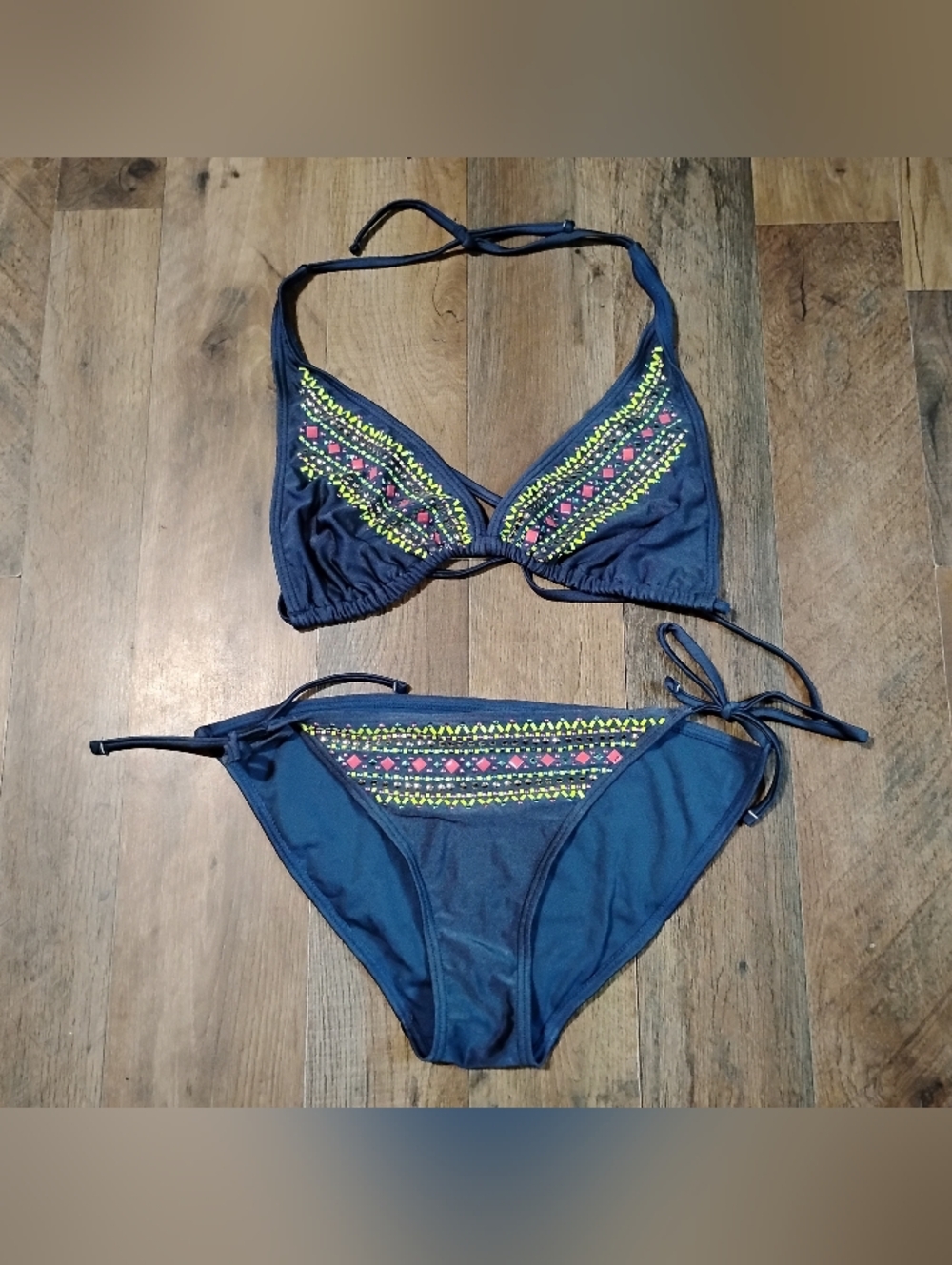 Ninety Six Degrees Navy Bikini with Pink and Yellow Embroidery Women's Size: M